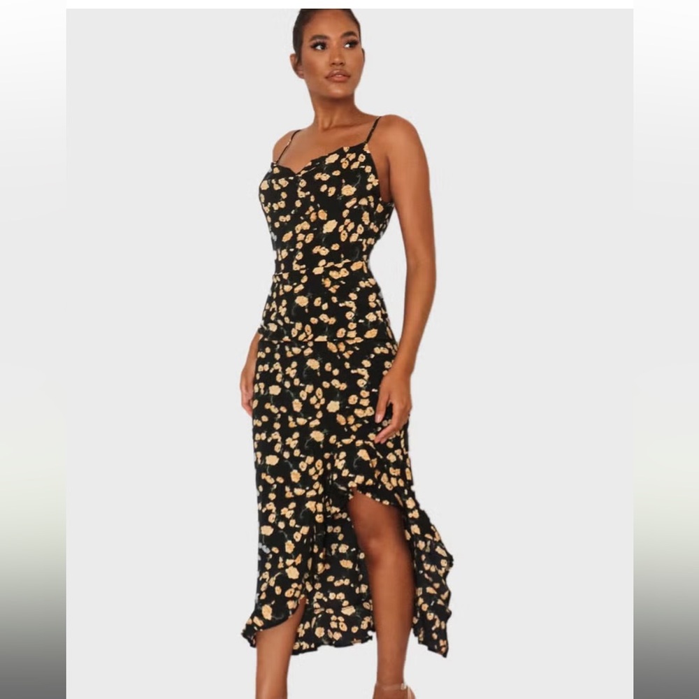 Black Yellow Floral Cami Ruffle Side Midi Dress
